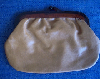 Tan Leather Clutch Lucite Closure, Made in Italy