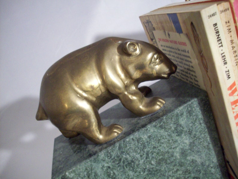 Brass Bull & Bear Market Bookends on Green Marble Slabs Etsy