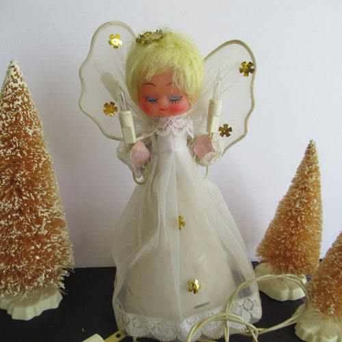 Vintage / Antique Angel Tree Topper Lit Up White Lights / Lit Up Angel Tree Topper