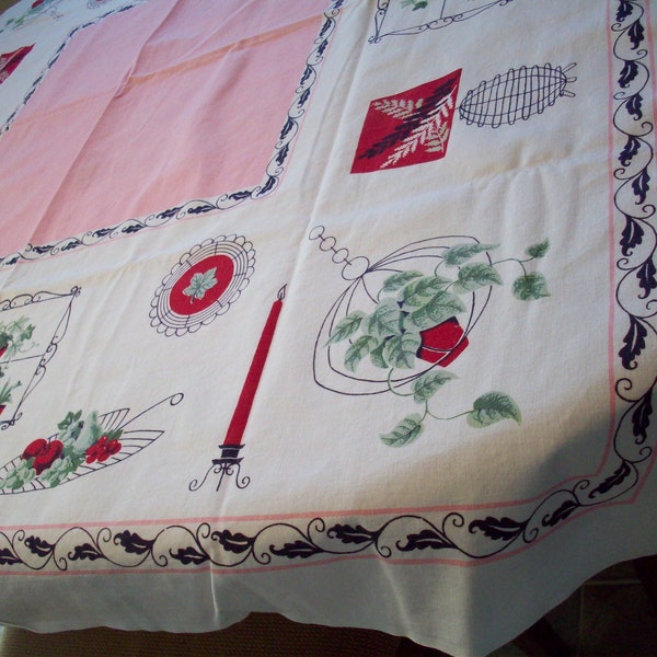 Vintage Red, White, Green and Pink MCM Plant Tablecloth