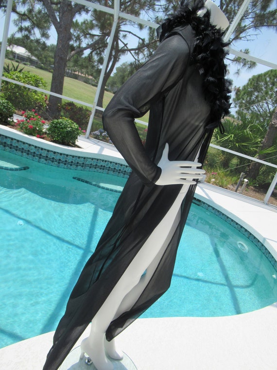 Vintage Long Black Sheer Robe with Feather Collar… - image 5