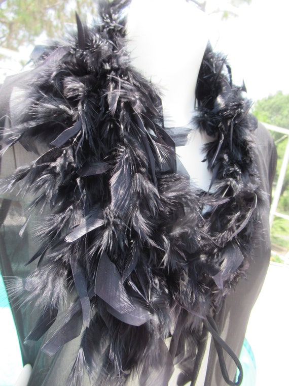 Vintage Long Black Sheer Robe with Feather Collar… - image 4