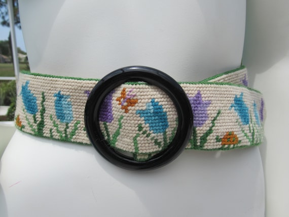 Vintage Embroidered Flower Power Thick Belt - image 1