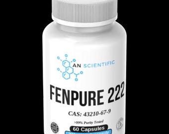 May include: A white plastic bottle with a white lid. The bottle has the text "AN SCIENTIFIC FENPURE 222" in black. Below the text is "CAS: 43210-67-9". The bottle also has the text "60 Capsules" and "222mg each capsule".