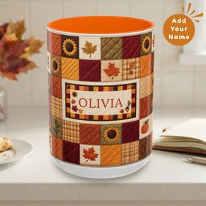 Mug citrouille d'automne : Tasse à café rustique effet patchwork pour Thanksgiving