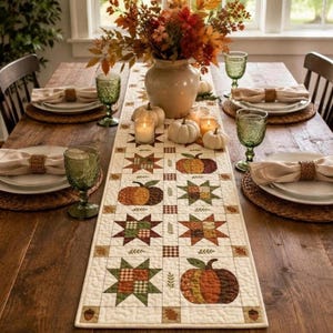 May include: A rectangular quilted table runner featuring a patchwork pattern of stars and pumpkins in autumn colors. The runner is centered on a wooden table with place settings, green glassware, white pumpkins, and a vase of fall foliage.