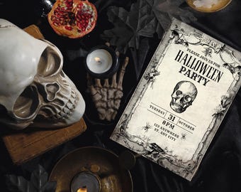 May include: A Halloween party invitation with a skull illustration, surrounded by decorative elements. A skull, a candle, and a pomegranate half are also visible. The invitation reads "PLEASE JOIN US FOR HALLOWEEN PARTY".