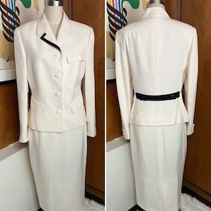 Istante by Versace Silk Suit Skirt Jacket Sz IT 42 US 4 White Black Medusa buttons Vintage