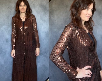 VTG CONTESSINA Sequin duster coat Sz M S brown bronze copper overlay snap buttons