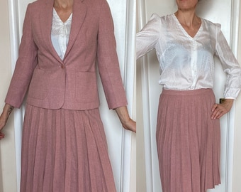 VTG Skirt Suit pink 80's does 50's XS S 2 4 wool accordion pleated Secretary Blazer Jacket Career