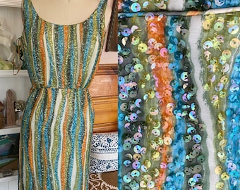 VTG Sequin Dress Multi Colored Sz 0 2 xs 25"w sleeveless Cocktail Hong Kong British Crown Colony green blue white