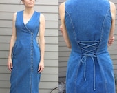 Vintage Denim Dress corset tie back Sz 6 S M button front v neck sleeveless Patty USA blue Jean