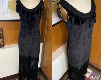 VTG Flapper SUE WONG Studio Kwast Franje kraal stretch fluwelen jurk maat M bodycon Roaring 20's look met kralen