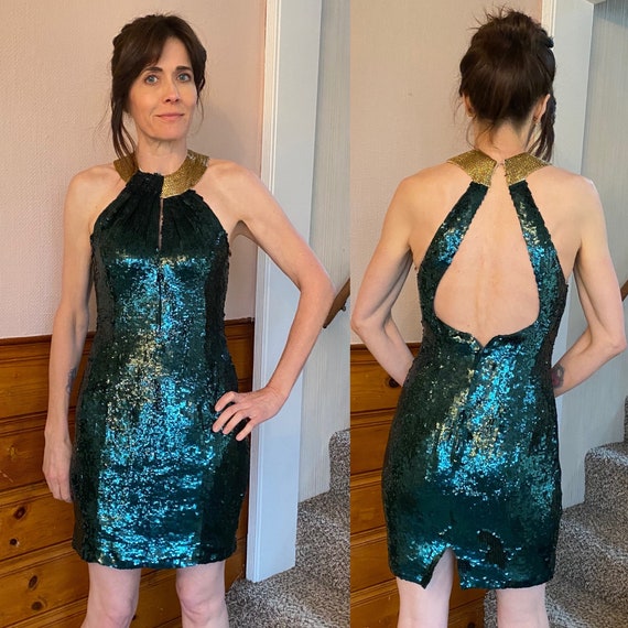 Vtg Beaded Sequin Open Back Cocktail Dress Sz 4 6… - image 1