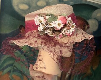 GREVI Firenze Italy Sun Straw HAT W/ LACE Floral Bow Veil - Etsy display picture 2