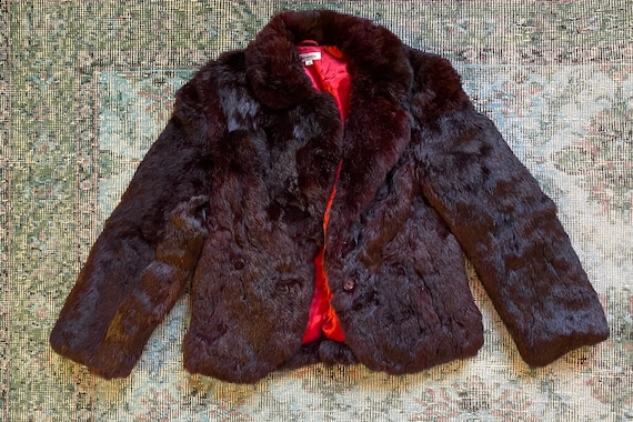 VTG maroon red Real Fur Jacket Sz S M 50's 60's H… - image 7