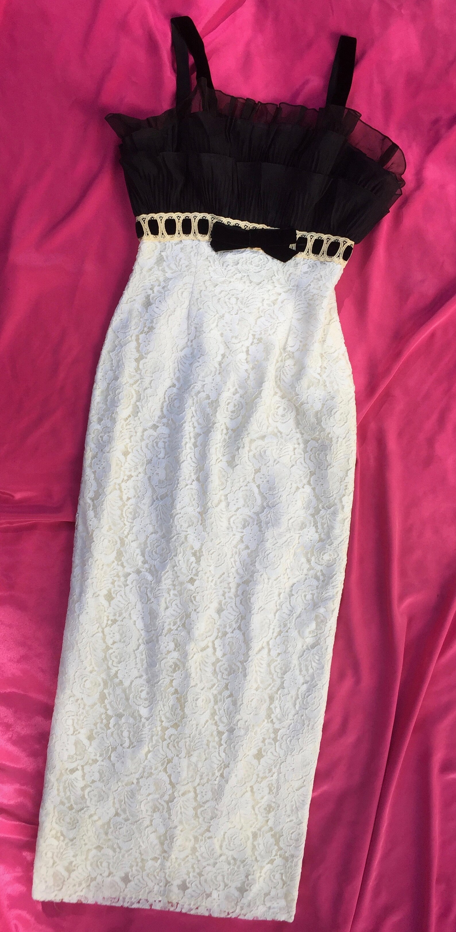 Vintage Shelf Bra Dress White Lace Wedding Black Velvet Bow XS Etsy