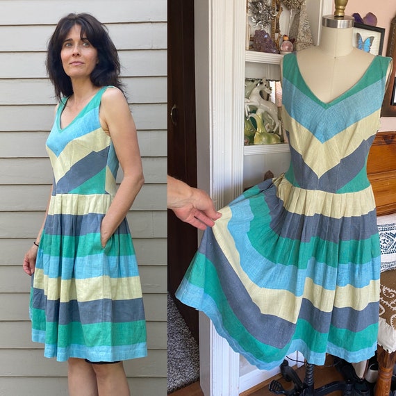 VTG 50's Gabardine Dress Sz 6 8 10 M stripe Linen… - image 1