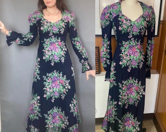 VTG Boho floral Maxi Dress Sz XS S 4 2 Puff sleeve peasant navy Tea Garden Party Prairie Gunne Sax Style