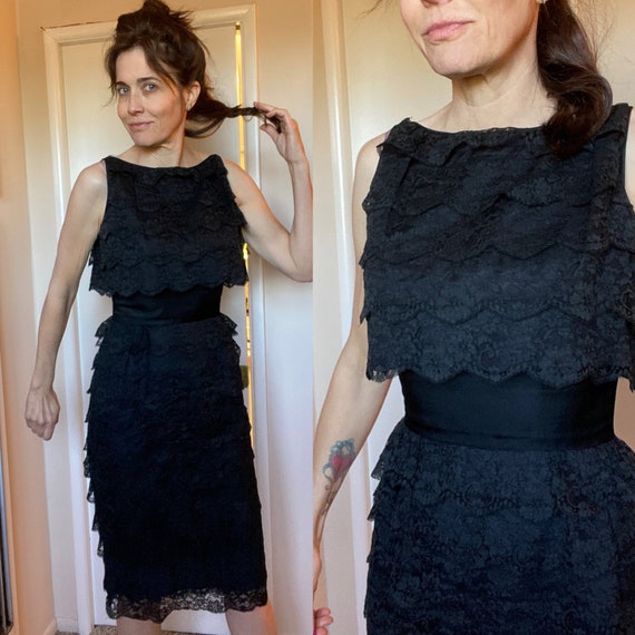 VTG Lace I MAGNIN Sz 4 2 tiered ruffle LBD party … - image 1