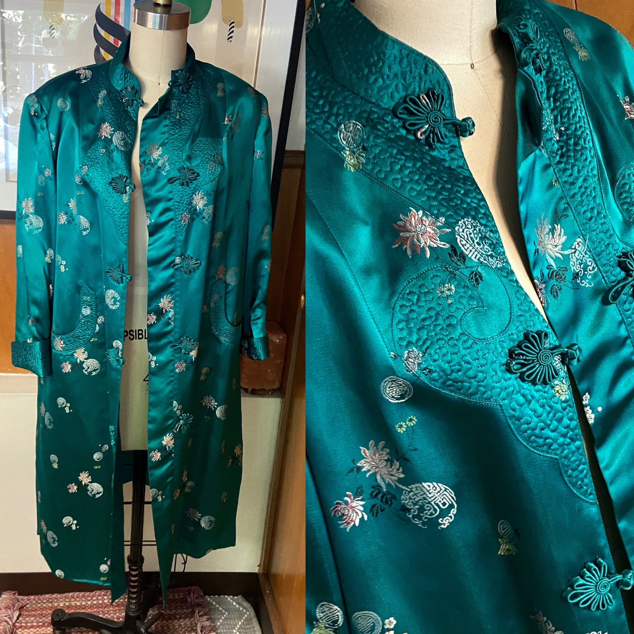 Vintage PEONY Brand Chinese Coat Sz 36 S Floral Silk Green Vintage PEONY Brand Chinese Coat Sz 36 S Floral Silk Green