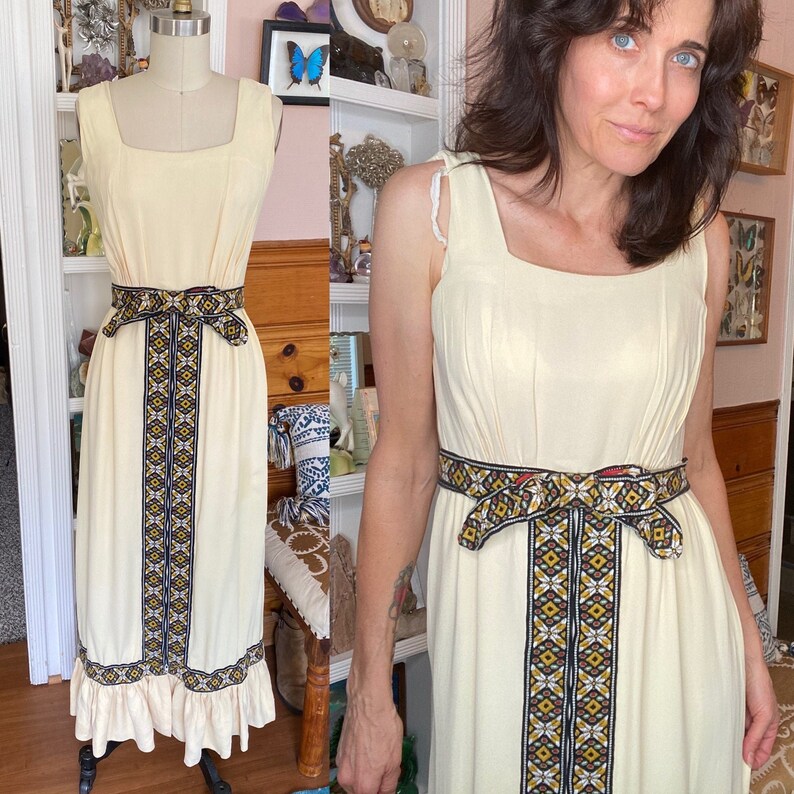 VTG I MAGNIN 70/'s Maxi Dress 25w XS 0 2 cream Boho Floral Bow Tie Oktoberfest yellow