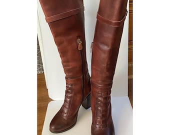 Capezzani Sz Leather Boots EUR Sz 35 chestnut brown Knee high buckle Heel  Women's