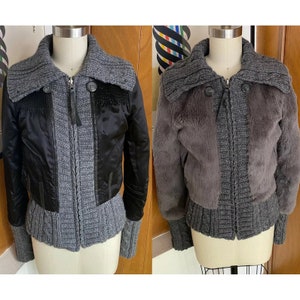 JUNE Rabbit FUR Reversible Jacket S satin Leather Bomber knit Anthropologie