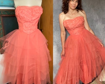 VTG Crinoline Tulle strapless Dress Sz 4 2 xs 26" w Tangerine Coral lace 50's tiered prom formal cupcake