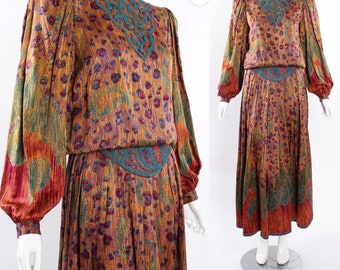 VTG Oscar de la Renta Silk Couture bordado metálico Paisley Gypsy Boho Falda Set bordado Puff Mangas Blusa S 2 4 26"