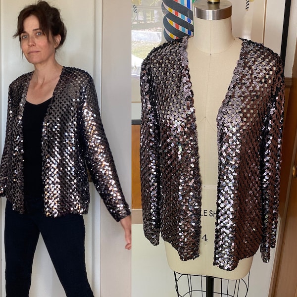 VTG Sequin Trophy Jacket Sz M L silver Beaded Blazer Holiday Party Cocktail Evening