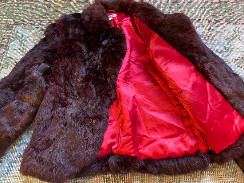 VTG maroon red Real Fur Jacket Sz S M 50/'s 60/'s Hollywood Glamour Pinup burgundy