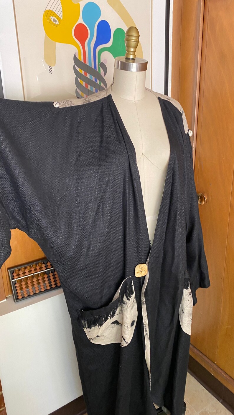 Kimono Coat OSFA Seashell L XL Art-to-Wear Fringe Embellished black Duster Vintage