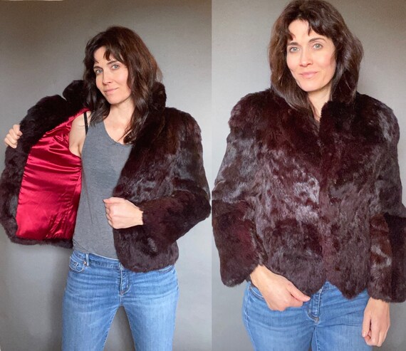 VTG maroon red Real Fur Jacket Sz S M 50's 60's H… - image 2