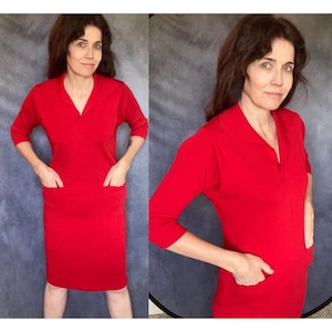 Vtg Kimberly Knitwear Inc Silk Wool RED Sweater Dress Sz S M pockets