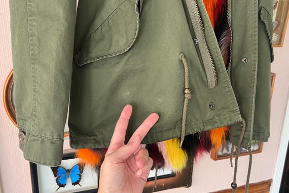 Fox Raccoon Fur Hoodie Jacket Sz S MAOMAOKONG Multicolor Canvas
