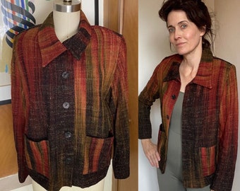 CANDISS COLE Art-to-Wear Fiber Art Silk button Jacket Sz P weave brown