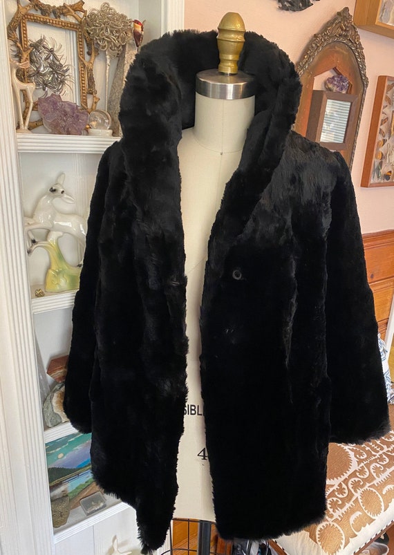 VTG Rabbit Fur Jacket Sz M L 50's 60's black Holl… - image 3