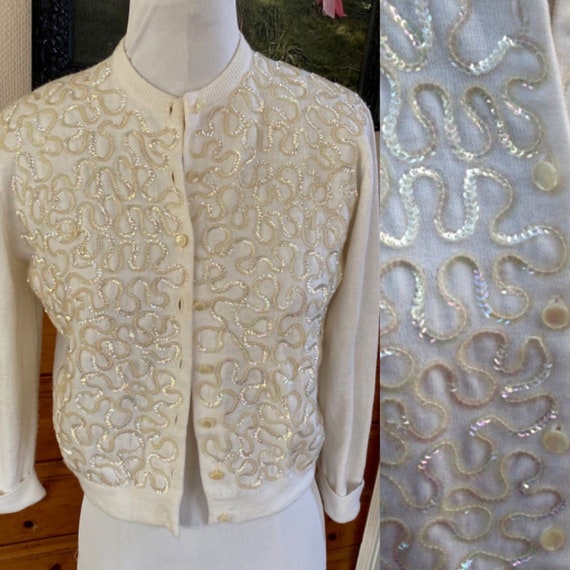 VTG sequin Cardigan White iridescent clear Sz S M… - image 1