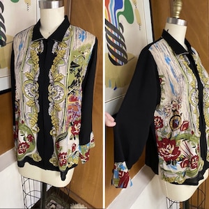 HARARI Sz S Asian Art-to-Wear Floral Silk Blouse Top  black hidden buttons