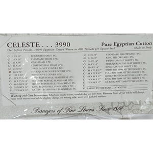 Pu&ograve; includere: Un foglio informativo sui prodotti per la biancheria da letto in puro cotone egiziano del marchio Celeste. Il foglio elenca varie misure di federe, federe, copripiumini e lenzuola con angoli. Il testo include le istruzioni di lavaggio e la frase "Purveyors of Fine Linens Since 1891."