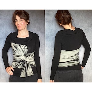 Isabel De Pedro Jersey top Sz 40 US 4 Cowl Neck viscose screen print tie knot