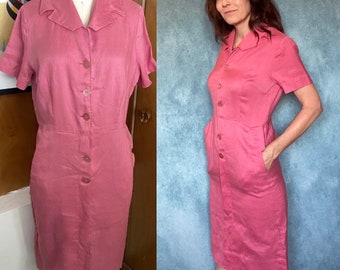 VTG 50s Golfer Pinup Wiggle Dress Sz 8 10 bubblegum Pink Irish Linen M L 5 Point Golf