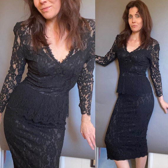 VTG Jessica McClintock lace Dress Peplum black S … - image 1