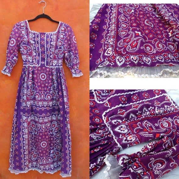 Vtg 60s 70s bandana print medallion Maxi Dress XS… - image 1