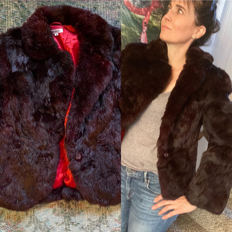 VTG maroon red Real Fur Jacket Sz S M 50/'s 60/'s Hollywood Glamour Pinup burgundy