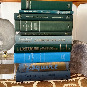 Lot 10 green blue Art Book Collection Decorative Hardcover Stack Bundle Library Bookshelf Photo prop spines vintage