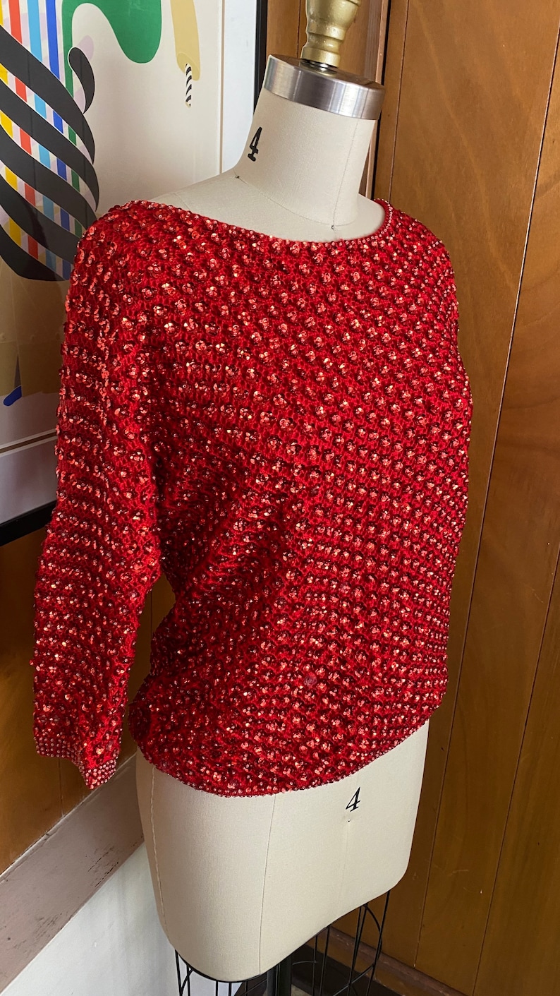 Hong Kong Vintage Red Sequin Sz L M 12 10 Forecast Wool Top 70/'s 80/'s Evening Sweater beaded flower Disco Cocktail Holiday Shirt by May Co