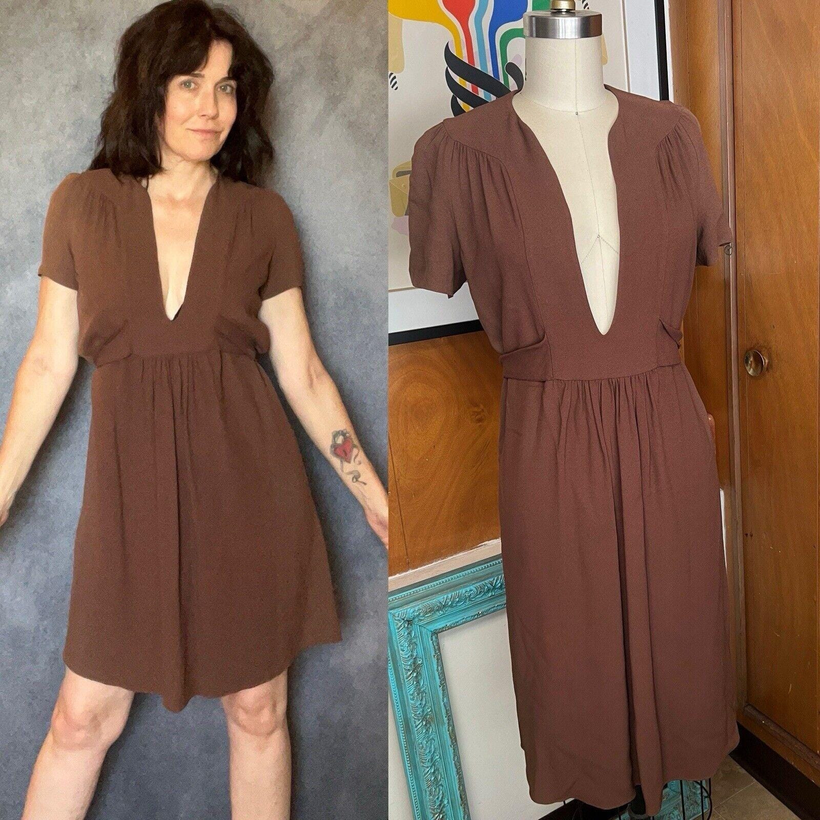 Vtg PRADA Crepe Dress Sz 38 US 2 4 Brown low V Neck tie back DEFECT