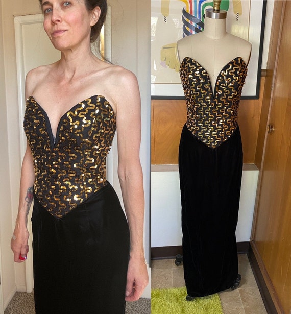 VTG Gunne Sax by Jessica Mcclintock Velvet Boned Sequin Strapless Dress  Black Gold Sz 4 Deep Plunge V Neck - Etsy